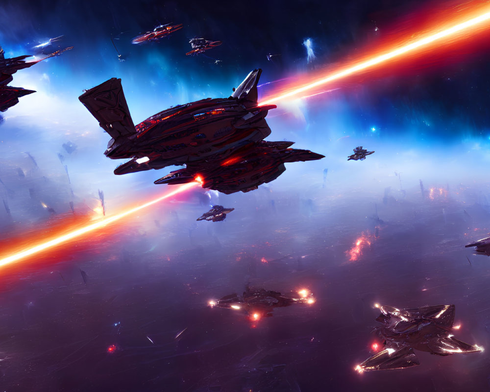 Futuristic sci-fi space battle with laser fire in starry cosmos
