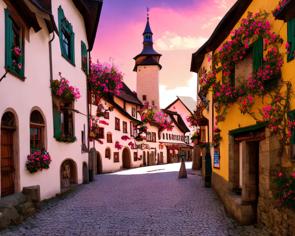 Traditional cobblestone street with vibrant flowers and old tower at sunset