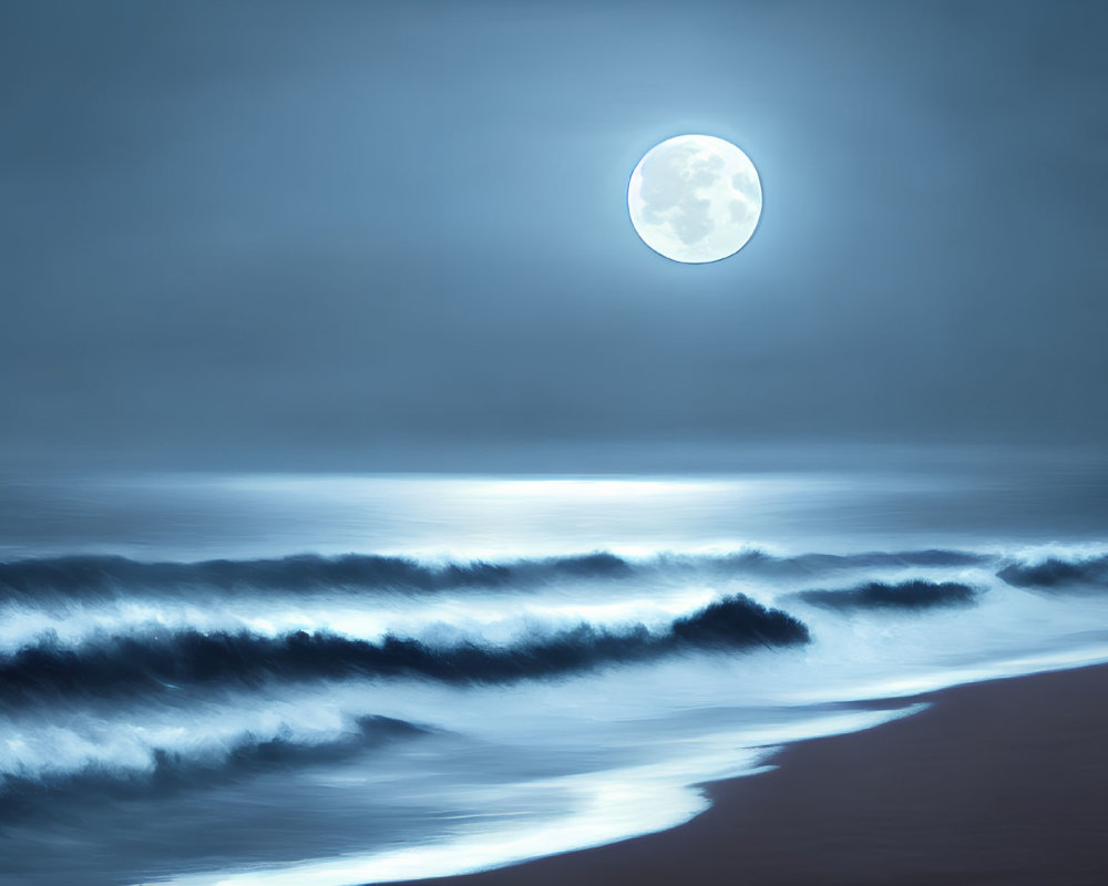 Full Moon Night Seascape with Gentle Waves and Sandy Shore