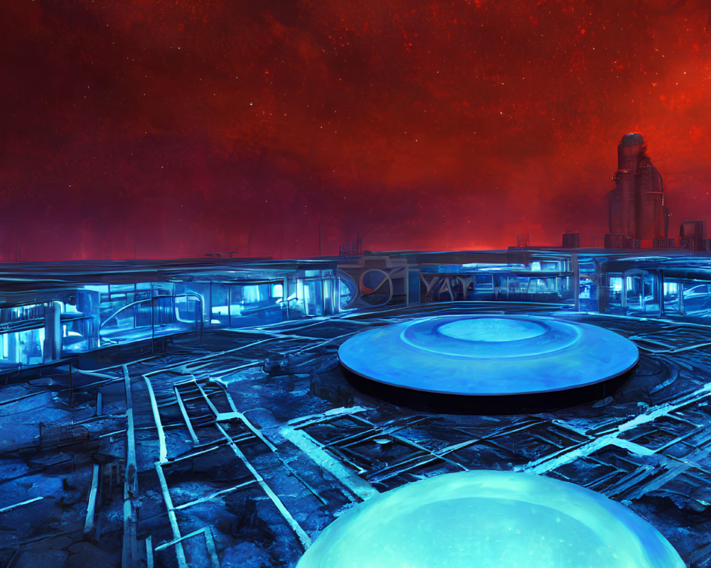Futuristic cityscape with glowing blue structures and energy core under red sky