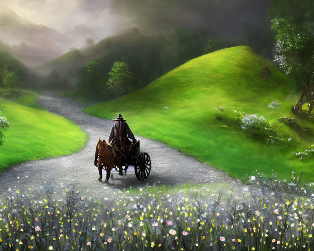 Horse-drawn carriage on split path in lush landscape