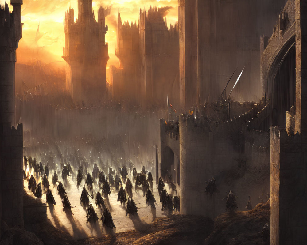 Massive army marching towards grand castle at sunset