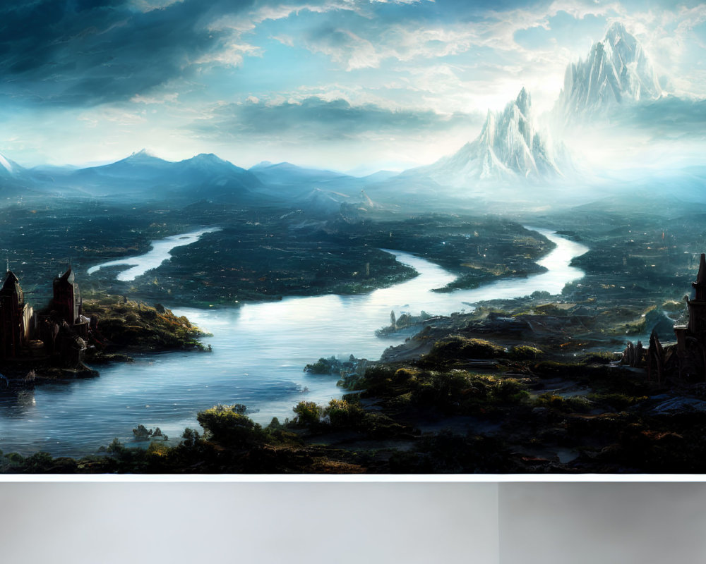 Fantasy landscape with rivers, mountains, and castles under dramatic sky