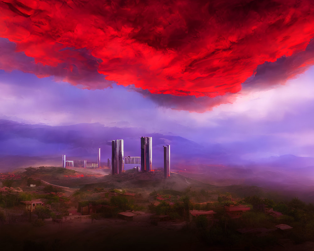 Surreal landscape with red clouds and futuristic skyscrapers