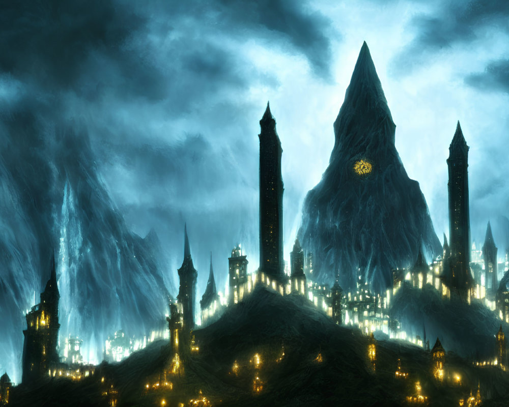 Fantasy city with illuminated towers on hills under stormy sky
