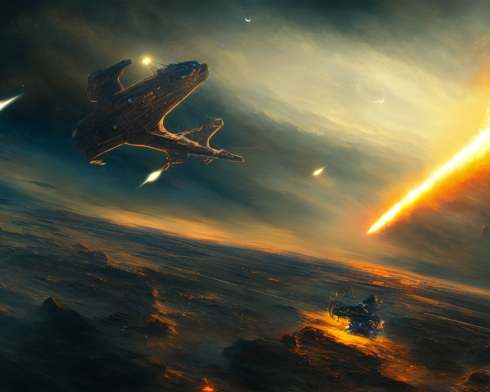 Spaceship fleeing planet with fiery comet in alien sky