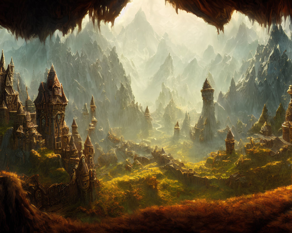 Majestic fantasy landscape with mountains, forests, and elaborate castles