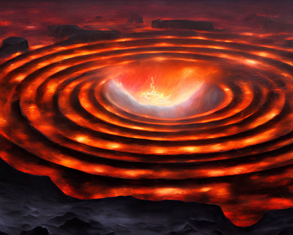 Fantastical lava whirlpool with molten rock circles