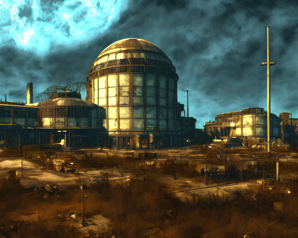 Futuristic industrial complex under stormy sky with glowing structures and abandoned vehicles