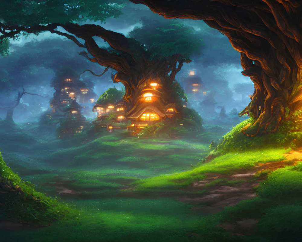 Cozy treehouse village in ancient forest at twilight