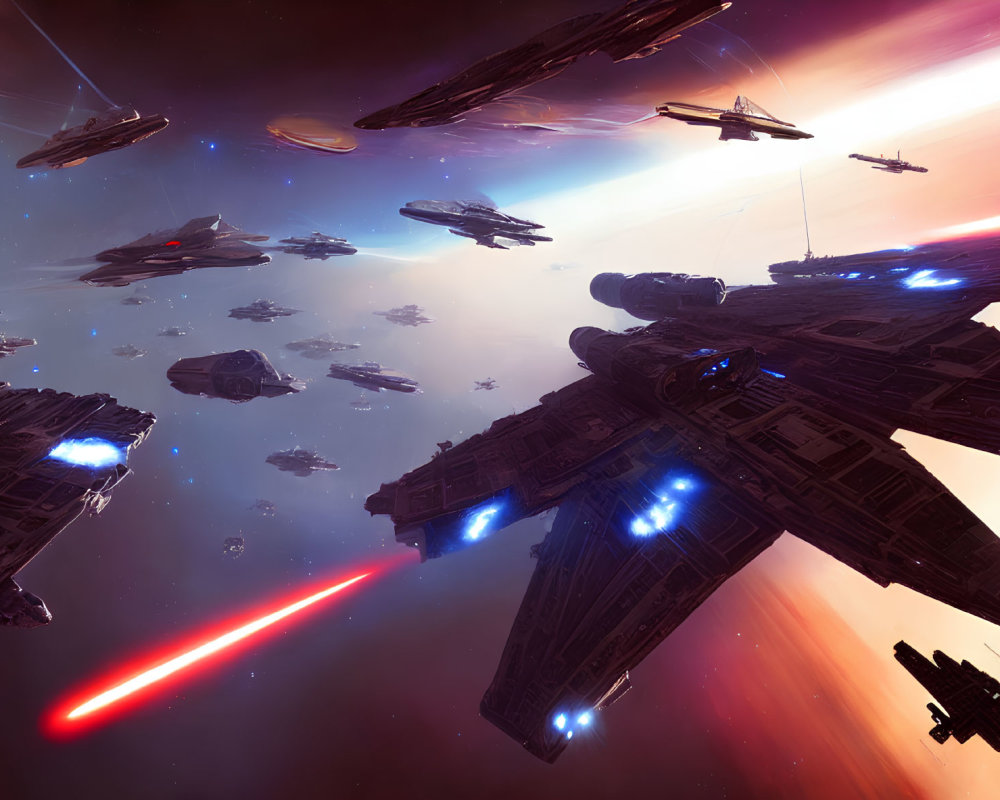Intense Space Battle Scene with Laser-Equipped Spaceships