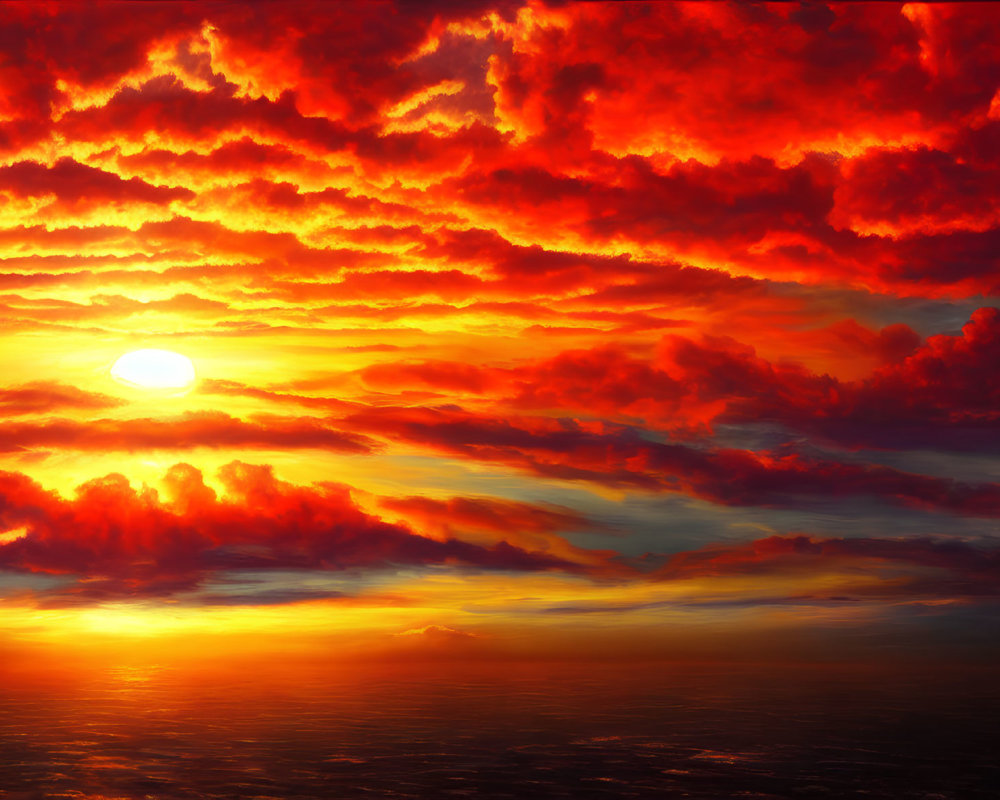 Vibrant sunset with deep red and orange clouds casting fiery glow