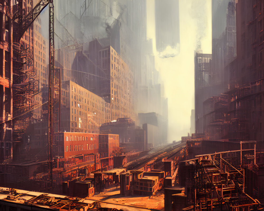 Dystopian cityscape with towering buildings and rail system