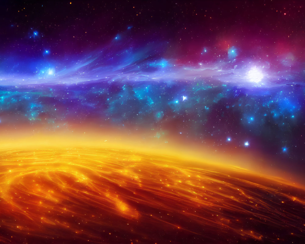 Fiery orange foreground blending into starry nebula with blue, purple, and red hues