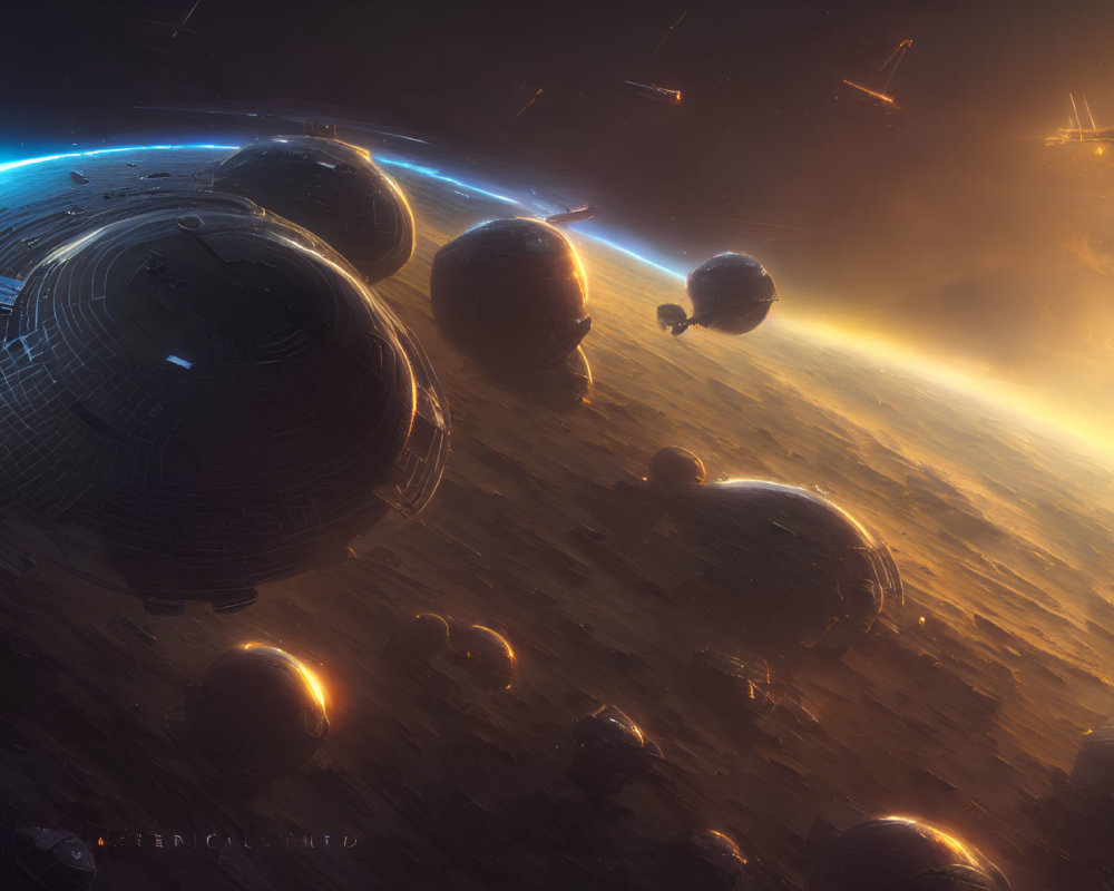 Spherical Spaceships Orbiting Star in Epic Space Scene