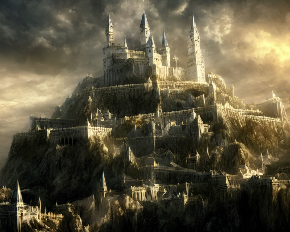 Fantasy-style castle on cliff with golden light