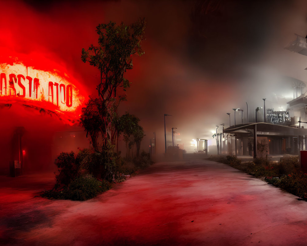 Eerie red-lit foggy night with neon signs on deserted street