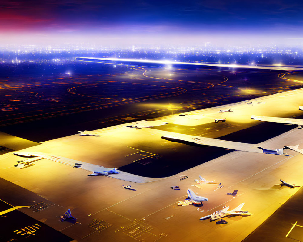 Bustling Airport at Night with Illuminated Runways and Parked Aircraft