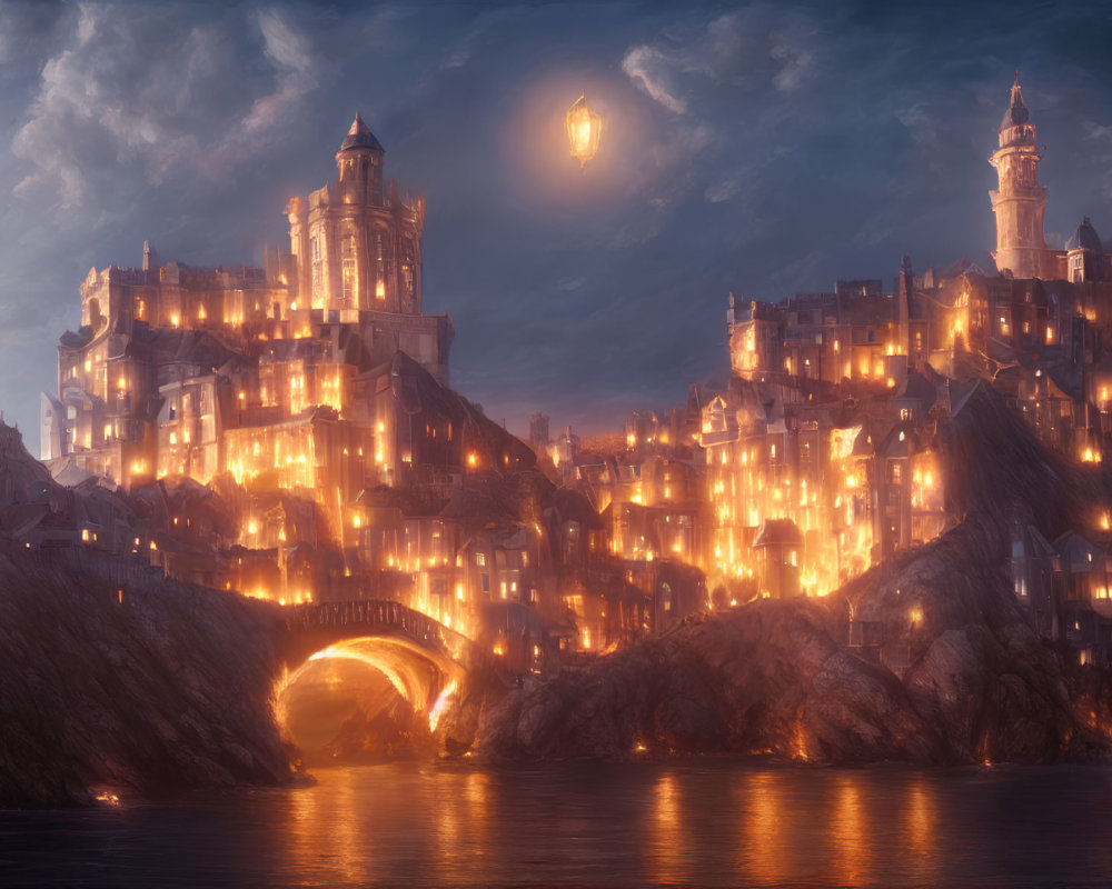 Twilight fantasy coastal city with illuminated buildings and arched bridge