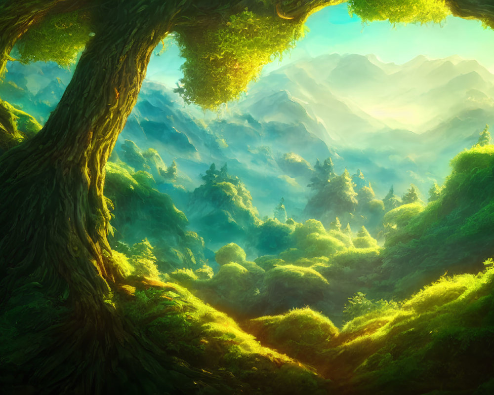 Sunlit green forest with distant mountains: a serene scene.