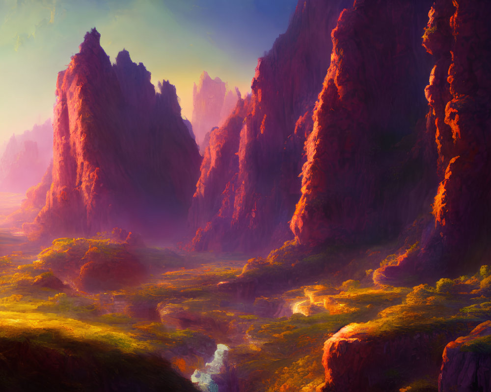 Vibrant fantasy landscape with crimson cliffs, lush valley, and ethereal lighting