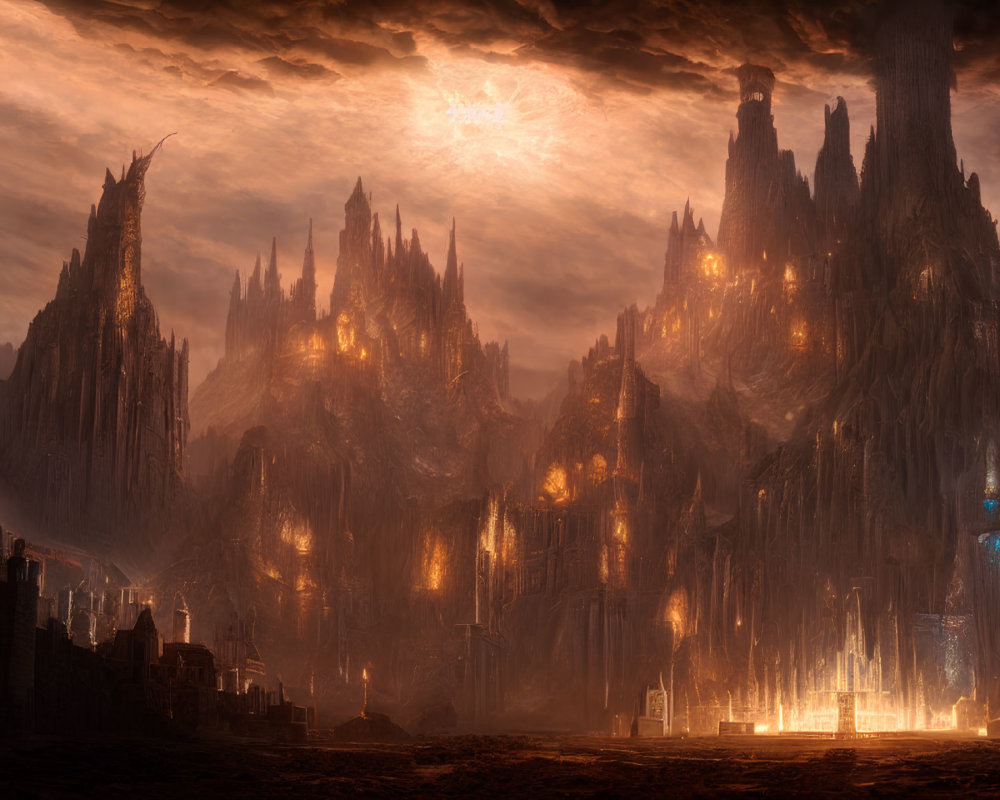 Fantastical landscape with towering spires and glowing structures