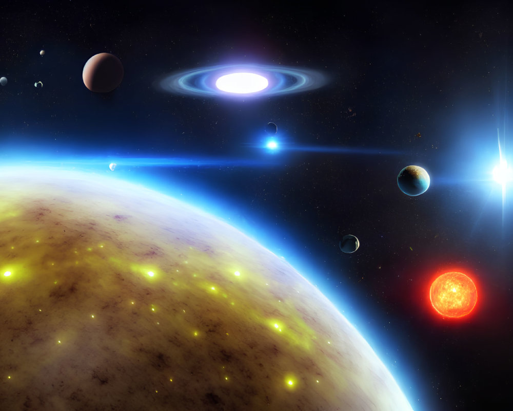 Colorful Space Scene with Planets, Galaxy, Stars