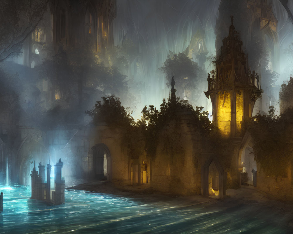 Ethereal Gothic cityscape with luminescent blue waterways