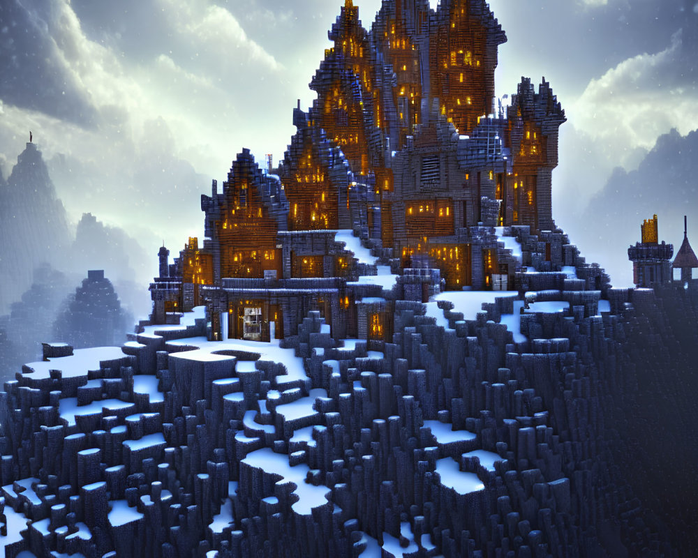 Pixelated castle on snowy mountain at twilight