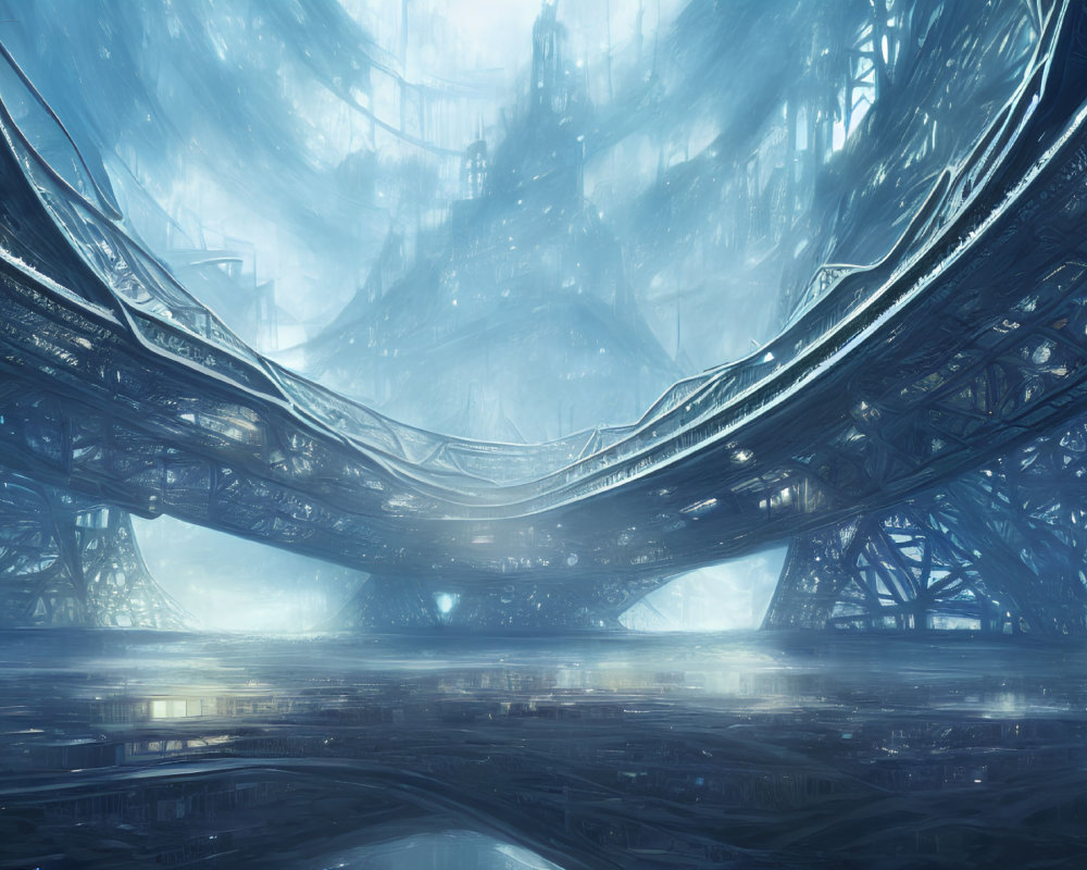 Futuristic cityscape with intricate structures and curved bridge in misty blue light