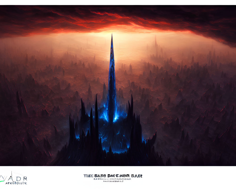 Fantastical landscape with glowing blue spire and dramatic red sky