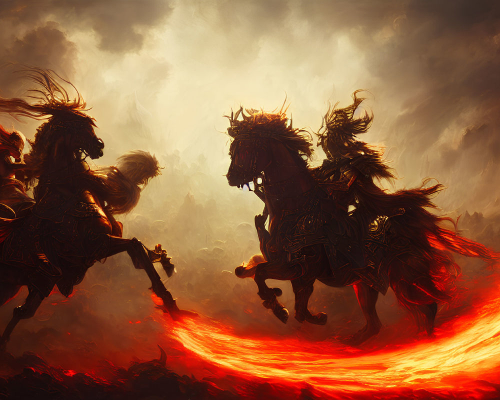 Three horsemen in dramatic armor gallop through apocalyptic landscape.