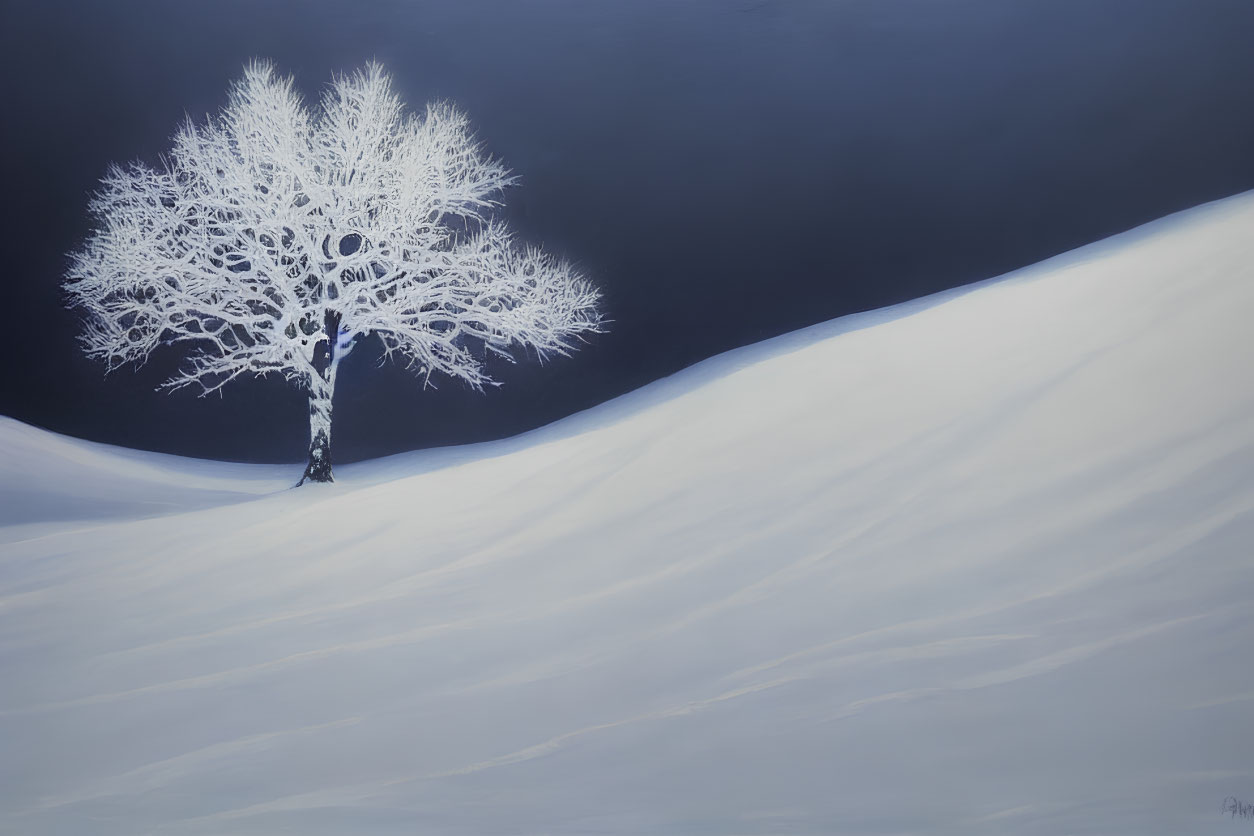 White tree against dark blue background in snowy landscape