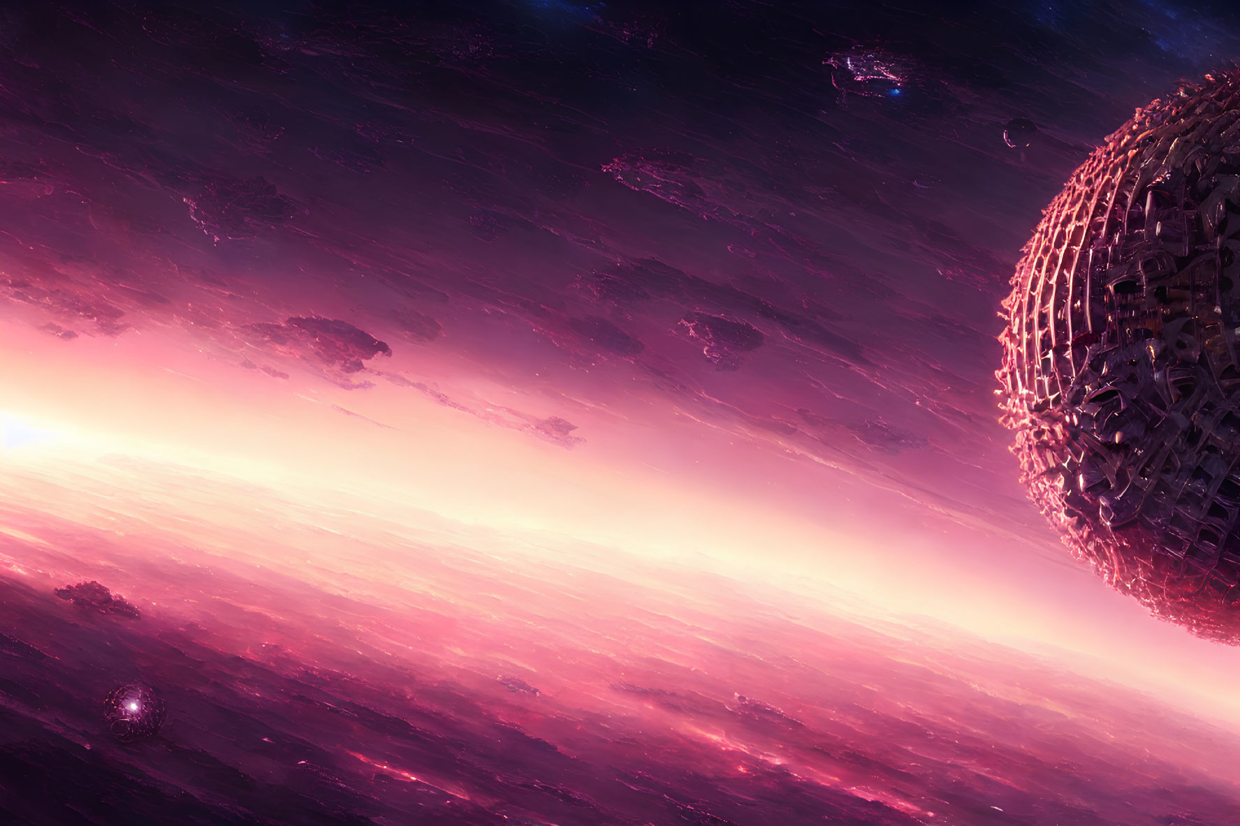 Starlit pink and purple nebula with detailed spherical structure in cosmic scene