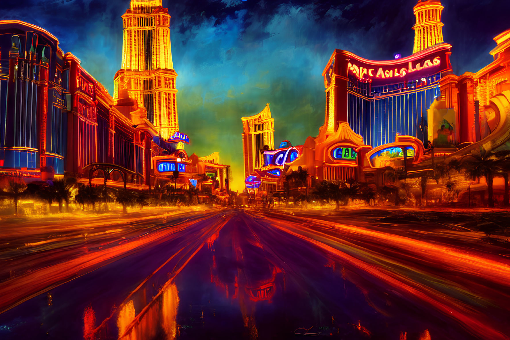 Stylized painting of Las Vegas Strip at dusk with neon signs