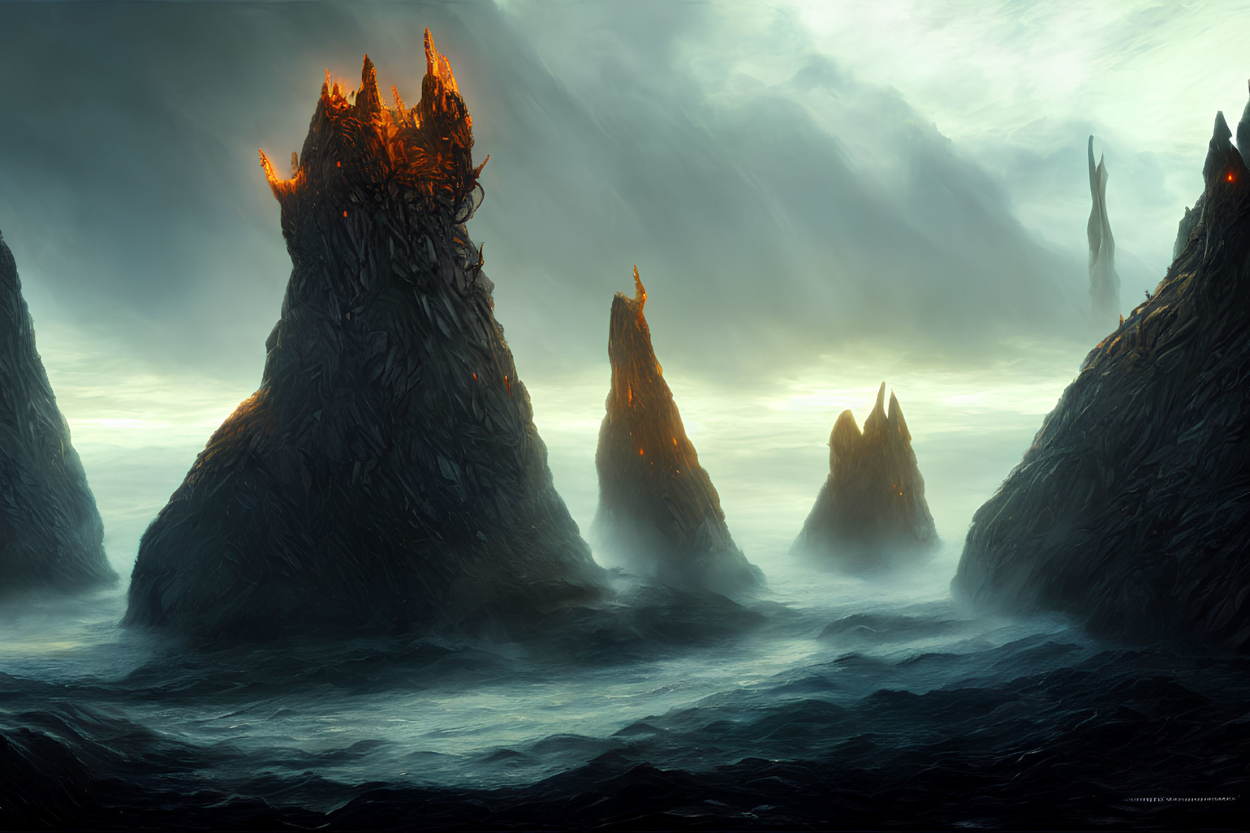 Majestic rocky islets with glowing castle in stormy seascape