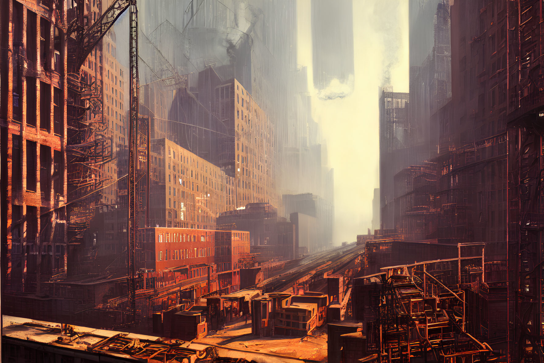 Dystopian cityscape with towering buildings and rail system