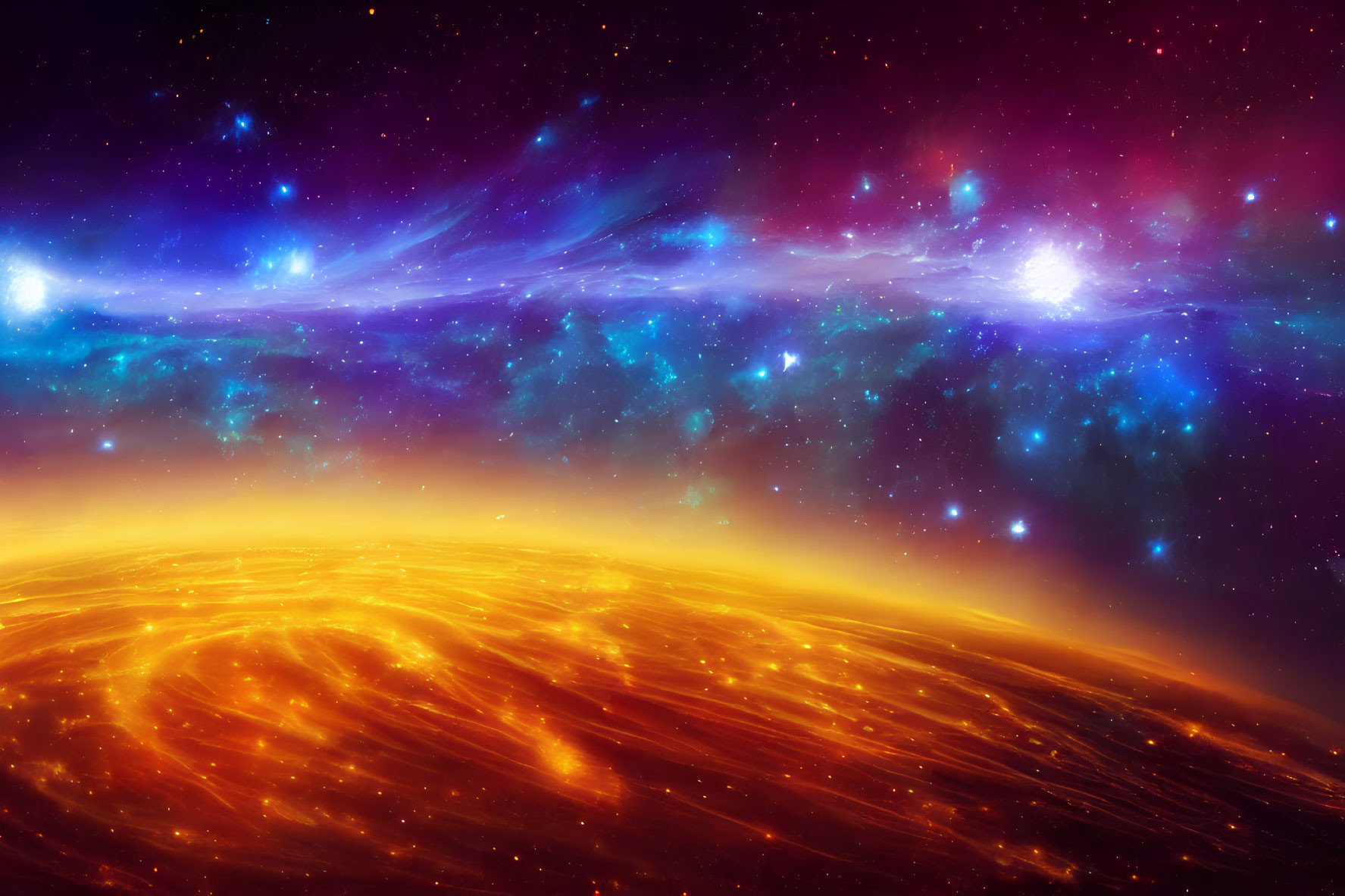 Fiery orange foreground blending into starry nebula with blue, purple, and red hues