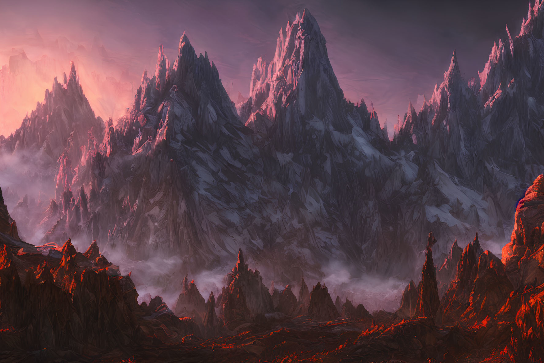 Snow-capped mountains in mist with fiery red foreground
