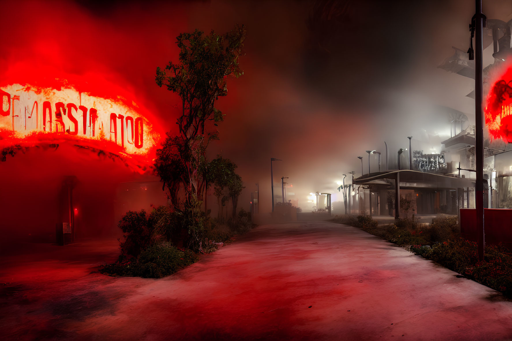 Eerie red-lit foggy night with neon signs on deserted street