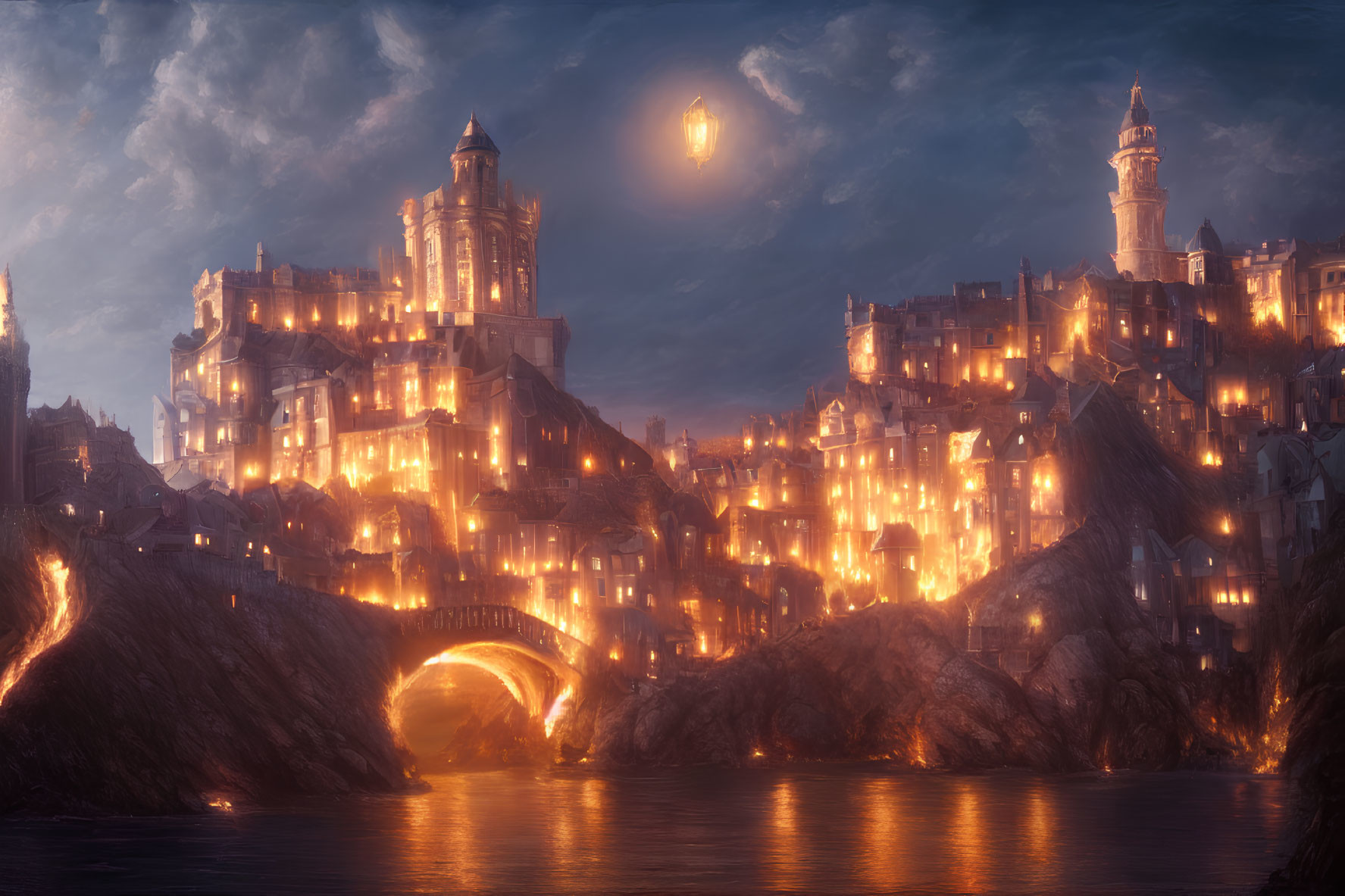Twilight fantasy coastal city with illuminated buildings and arched bridge