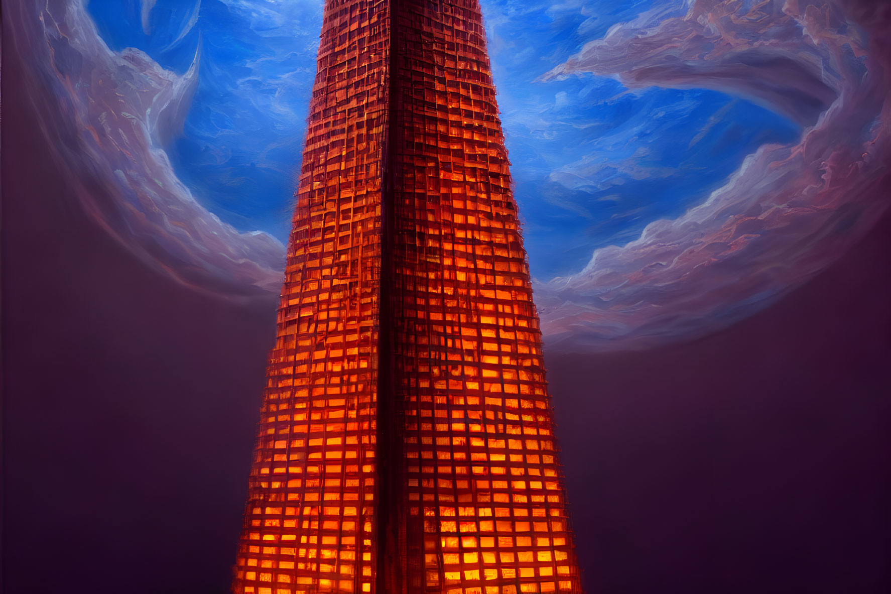 Dramatic red skyscraper in swirling purple and blue sky