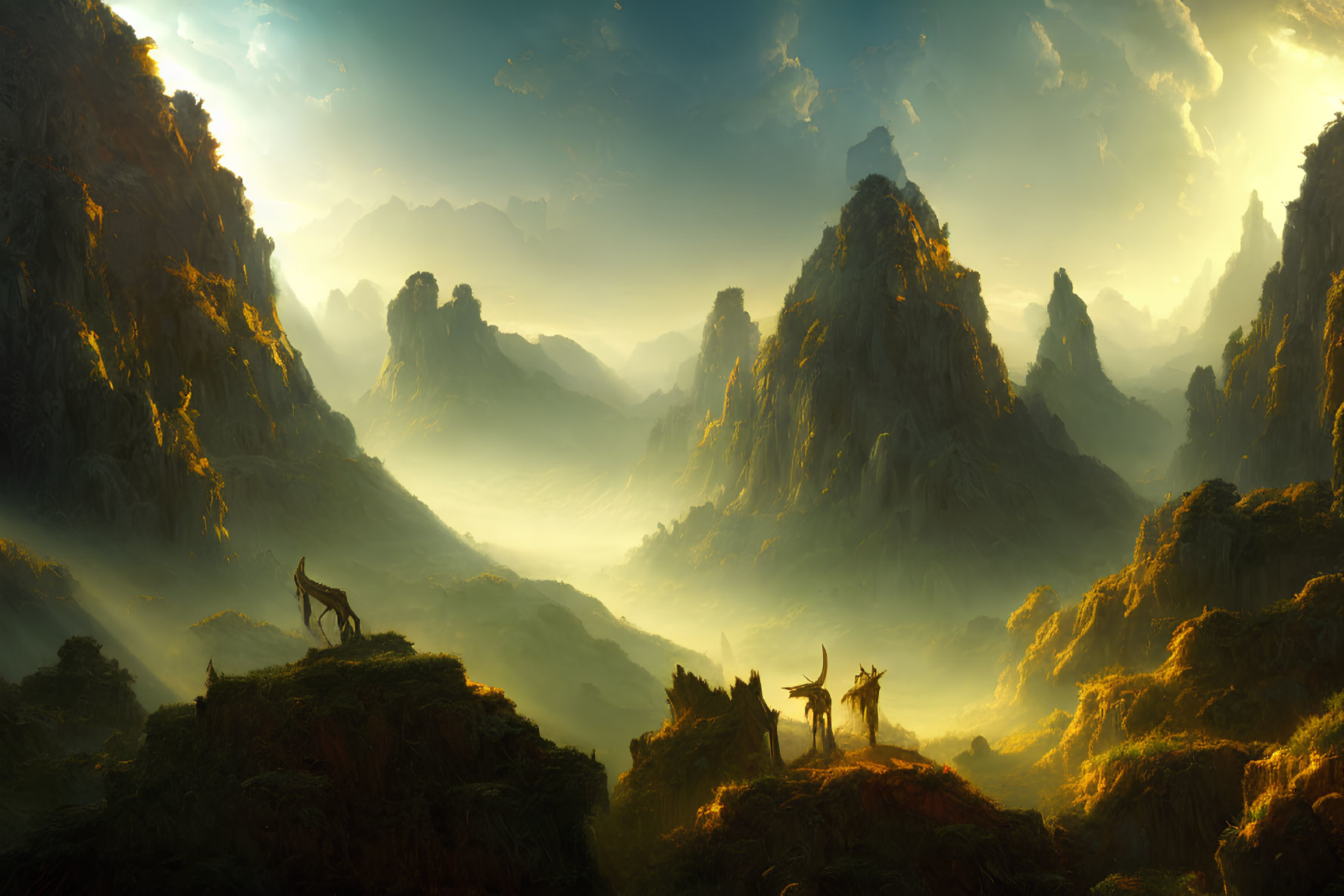 Majestic mountain landscape with deer in golden light