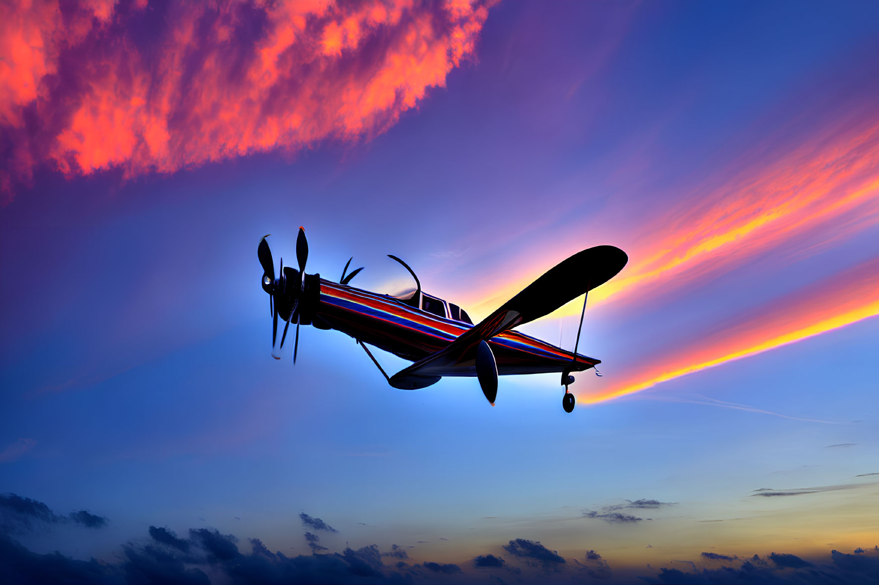 Biplane silhouette in vibrant sunset sky