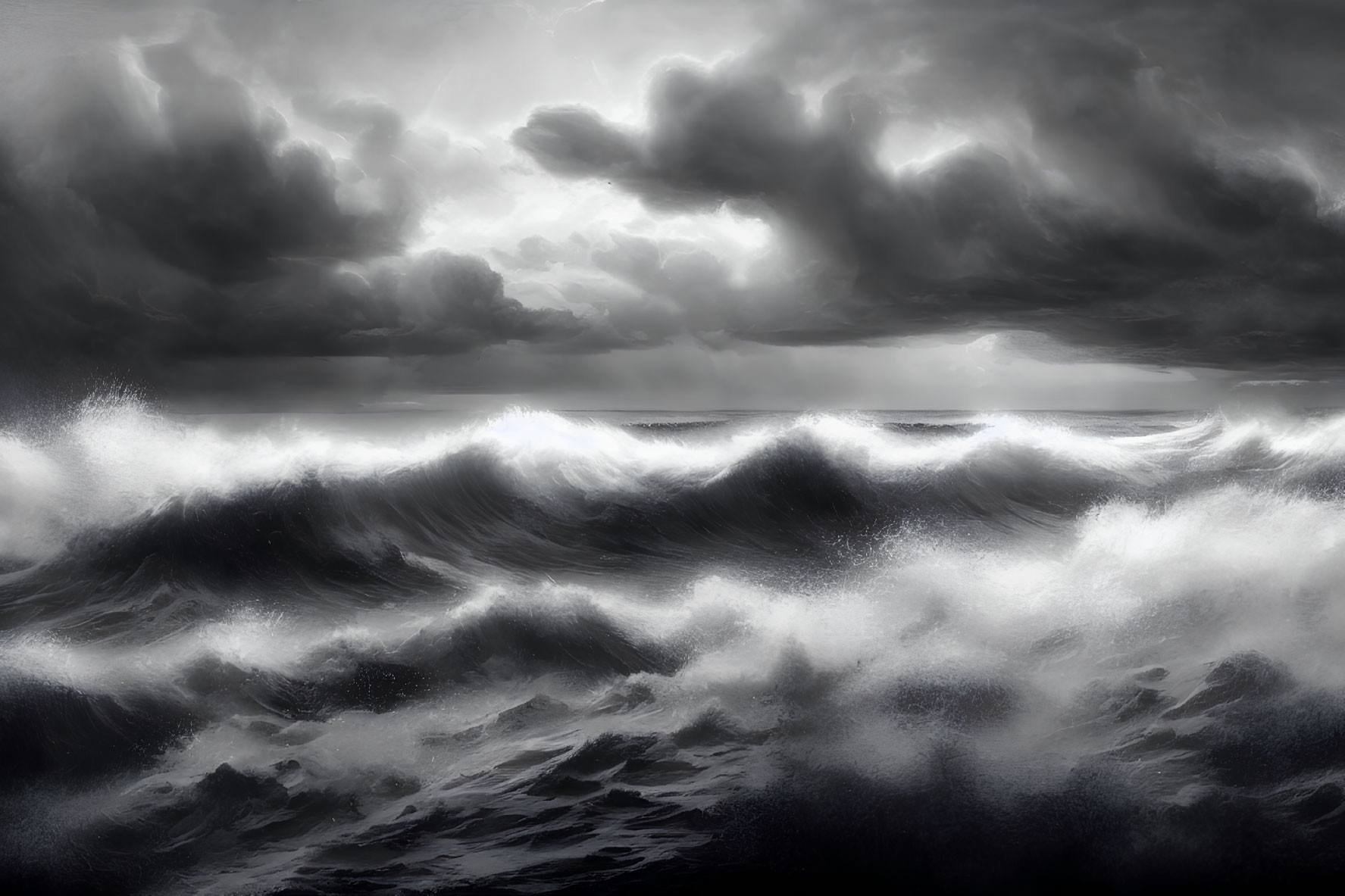 Stormy Seascape with Dark Clouds and Foamy Waves