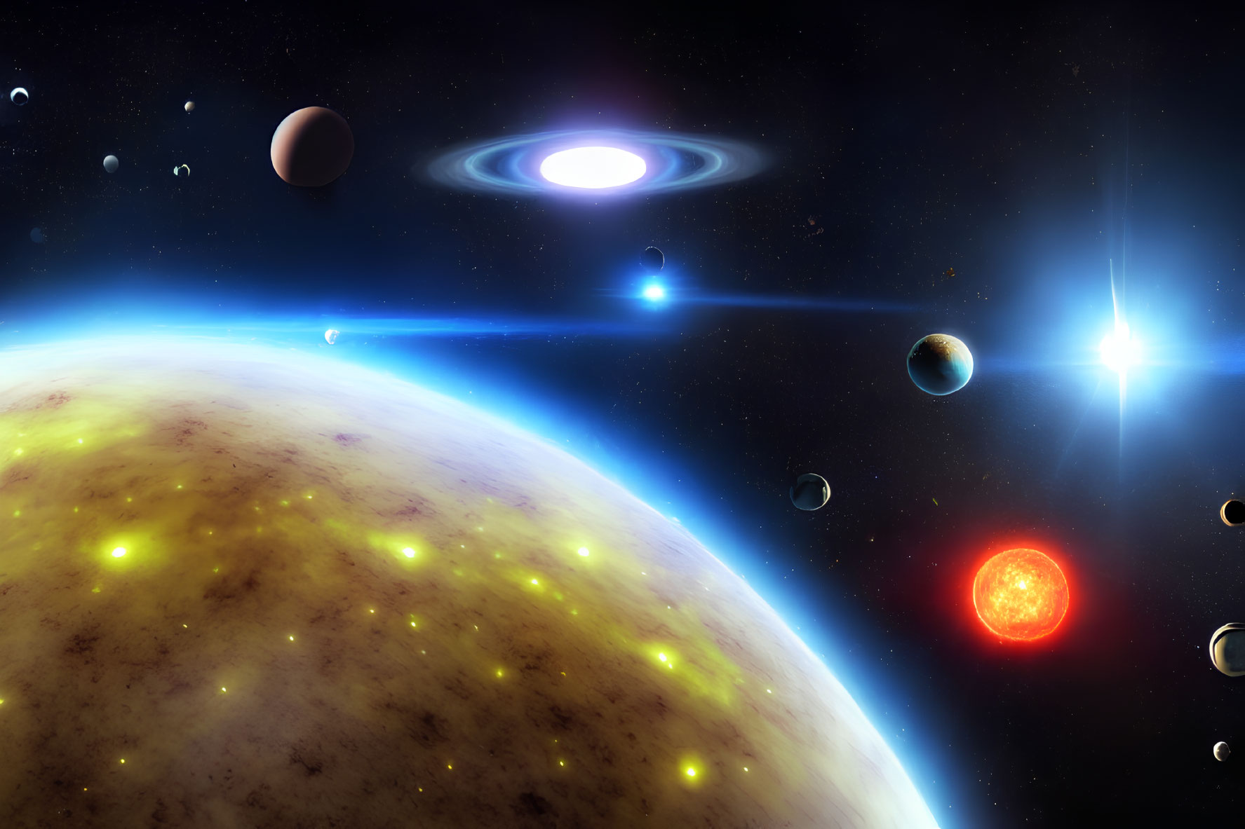 Colorful Space Scene with Planets, Galaxy, Stars