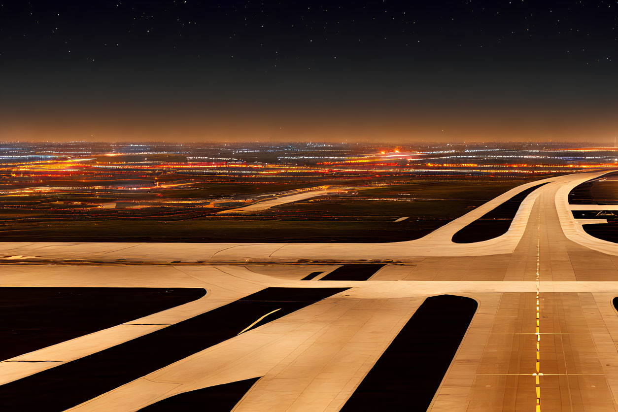 Aerial Nighttime View of Runway and Glowing Cityscape