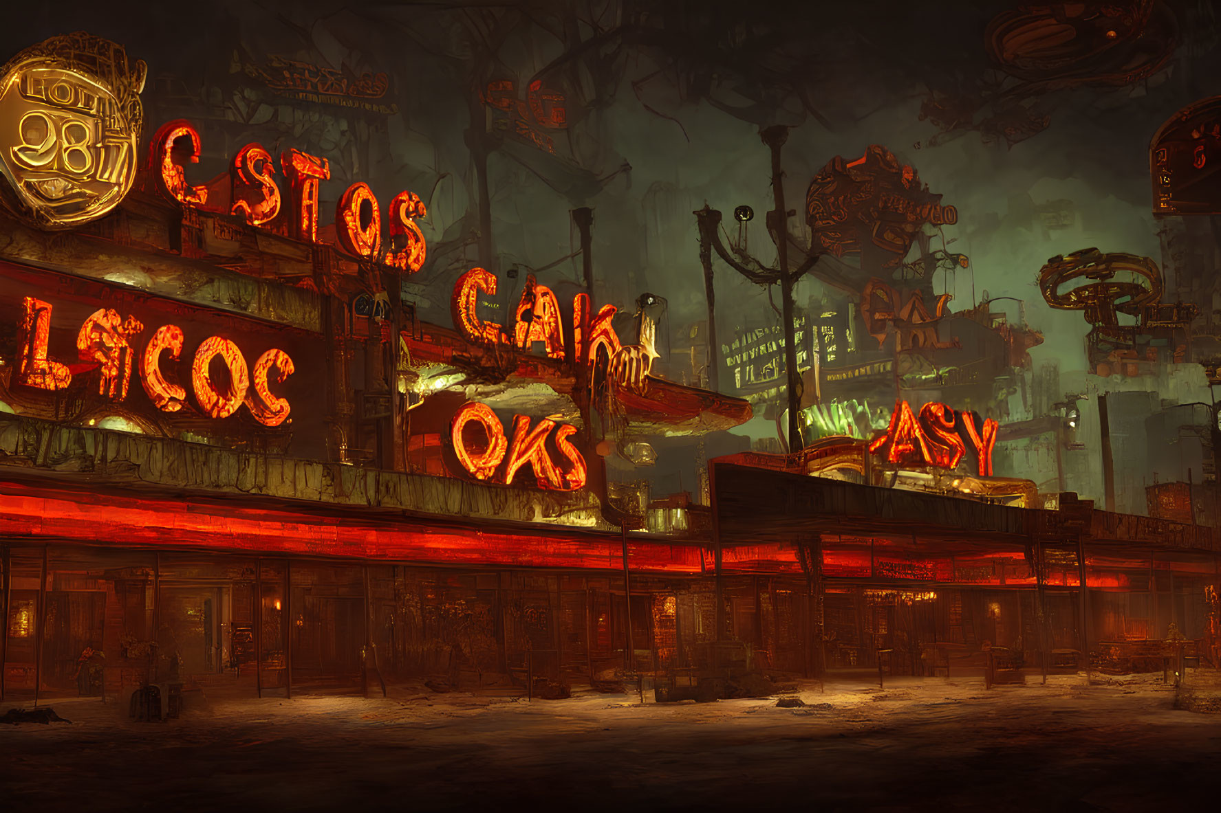 Gritty urban street scene at night with neon-lit signs like "Casino" and 