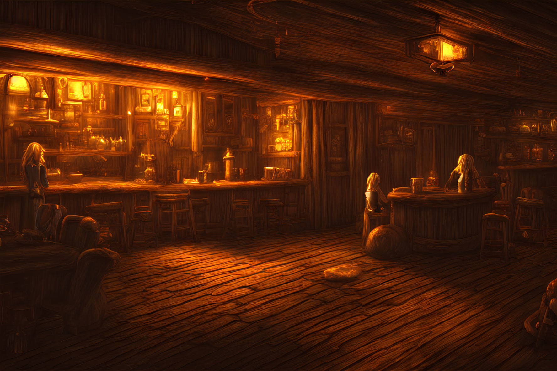 Cozy tavern interior with wooden decor and soft lantern light