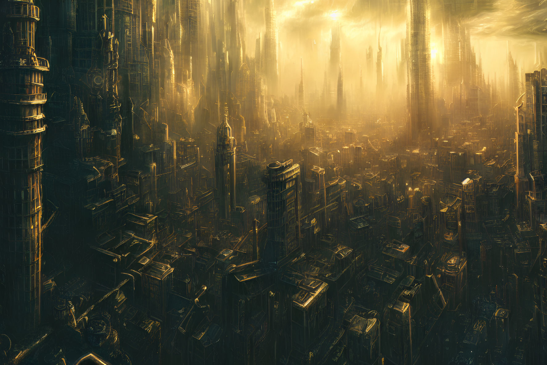 Futuristic cityscape with towering skyscrapers in golden light